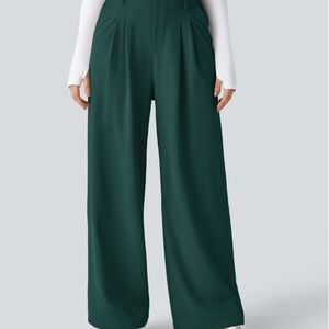 HALARA Flex High Waisted Wide Leg Waffle Work Pants, Green, Size Small TALL
